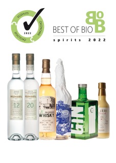 Best of Bio spirits 2022 Logo mit Produkt Quittenbrand, Roter Gravensteiner, Whisky ValeReuss, M&P Rum No9, Gin Clouds, Eierlikör Kikeri Kirsch 2
